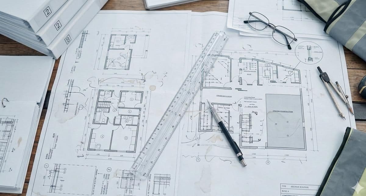 Bouwtekeningen op een bureau